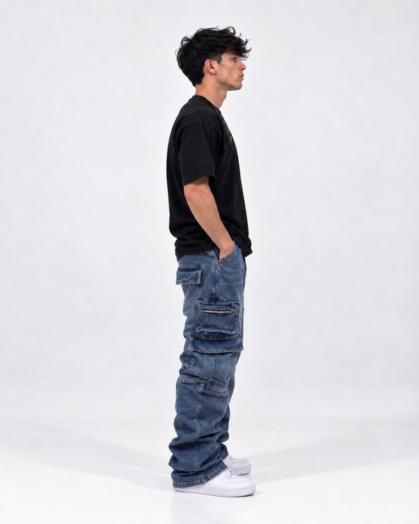 Blue motion cargo flare jeans