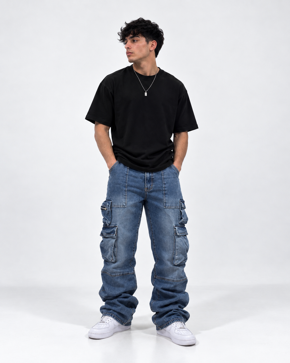 Blue motion cargo flare jeans
