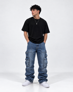 Blue motion cargo flare jeans
