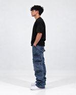 Blue motion cargo flare jeans